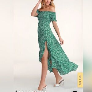 Lulu's Green Floral off the shoulder Maxi Dress